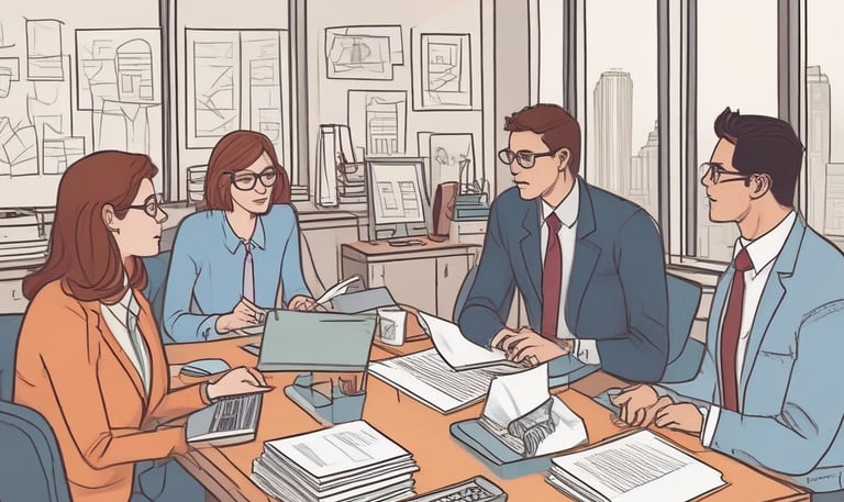 A focused discussion between a recruiter and a risk manager reviewing audit reports in a bright meeting room.