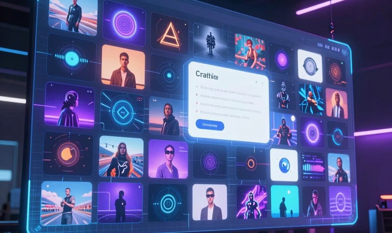 Vibrant AI-generated images appearing on a futuristic screen with electric blue and violet gradients.