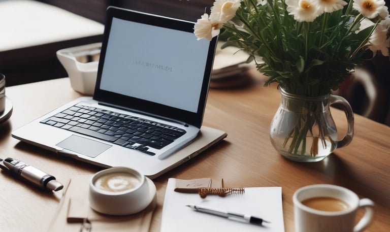 A sleek workspace with a laptop displaying social media analytics on a clean desk.