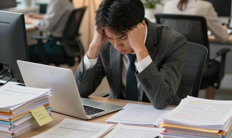 Overwhelmed business professional surrounded by paperwork representing ShopFever's manual process ch