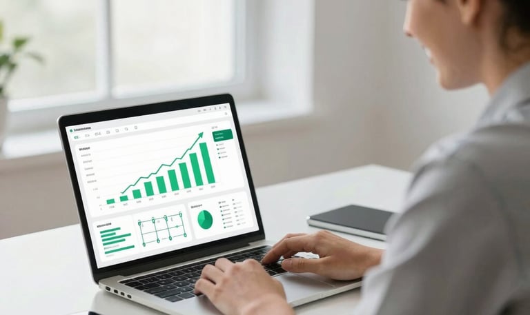 Business professional reviewing streamlined automation dashboard with upward-trending performance ch