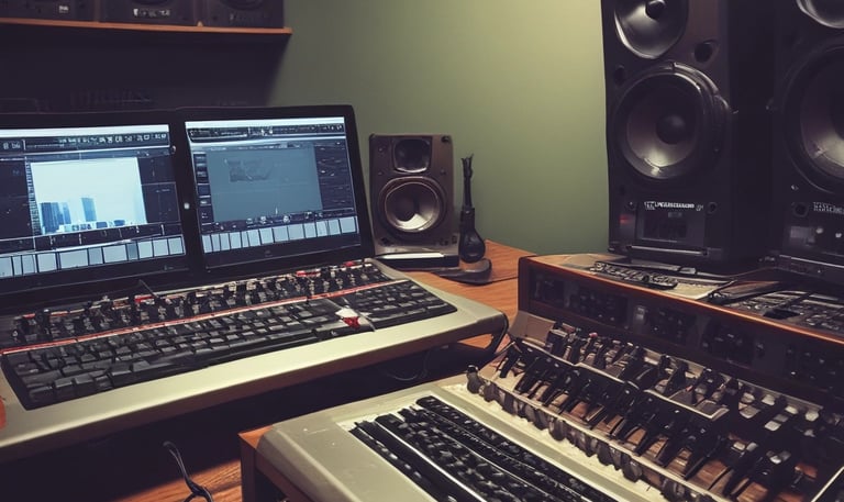 A group of musicians collaborating in a cozy studio environment.