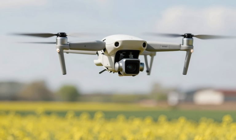 Drone flying over a lush green agricultural field capturing multispectral images.