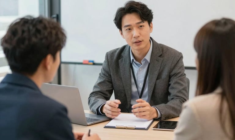 A consultant reviewing financial reports with a client in a modern office.