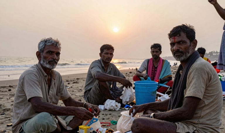 A group of women artisans proudly displaying their handcrafted goods in a lively community market.