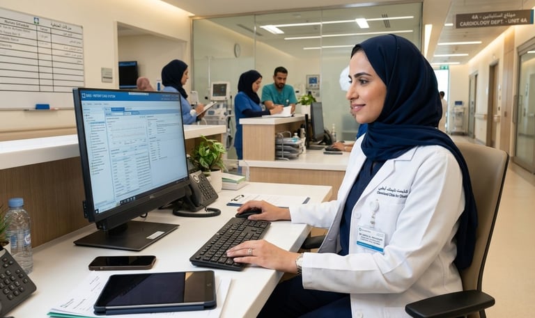 Healthcare professional using RESSA to access procedures and internal documents in Arabic and Englis