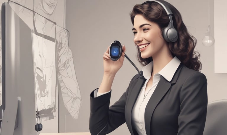 A friendly AI telemarketing agent speaking on the phone in a modern office.