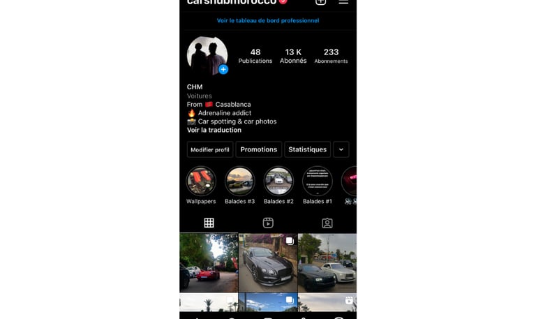 Instagram profile of carshubmorocco featuring luxury car photography and spotting in Casablanca.