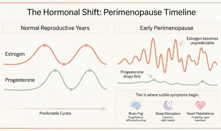 Infographic comparing normal hormone levels to early perimenopause — showing erratic estrogen and declining progesterone