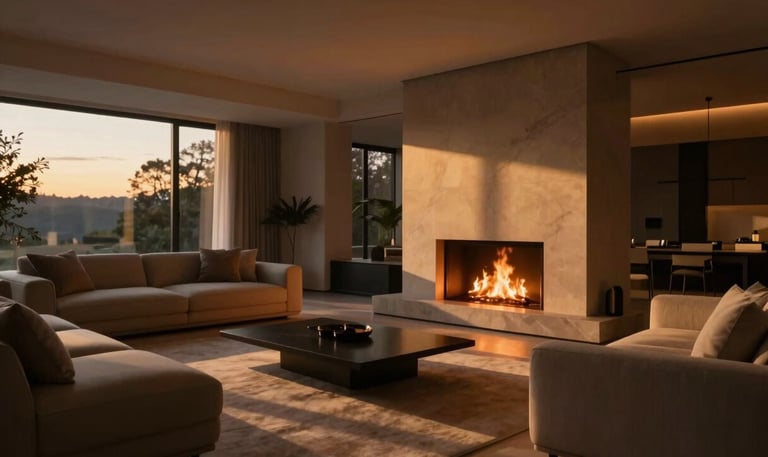 Cinematic wide-angle view of a modern luxury living room, soft twilight shadows, subtle camera track motion feel, warm fireplace glow.