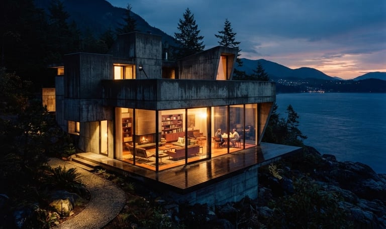 Cinematic architectural render of a brutalist concrete villa at twilight, warm golden light spilling from floor-to-ceiling windows, rich dramatic shadows, 35mm anamorphic lens.