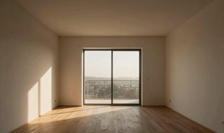 Architectural virtual reality tour preview, clean minimalist apartment interior, perfect symmetry, soft natural overcast light.
