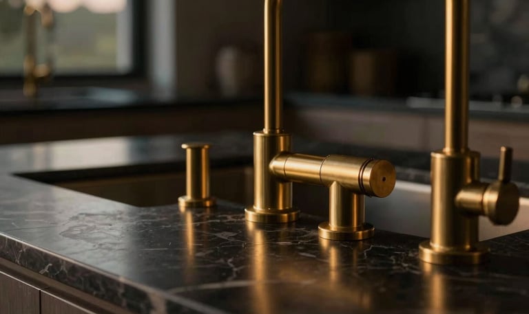 Close-up of premium kitchen materials, brushed brass fixtures, dark marble countertop with subtle light reflections, twilight atmosphere.