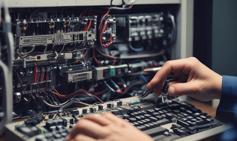 Technician repairing a laptop with precision tools on a clean workspace.