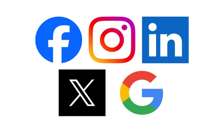 Collection of social media and search icons including Facebook, Instagram, LinkedIn, X, and Google logo.