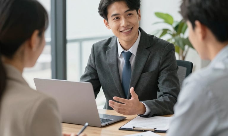A professional advisor discussing insurance options with a client in a modern office.