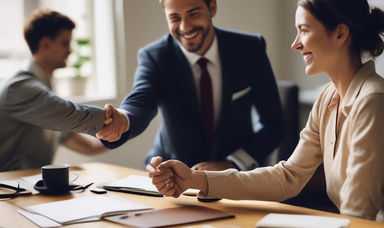 A smiling business owner shaking hands with a collections agent in a modern office