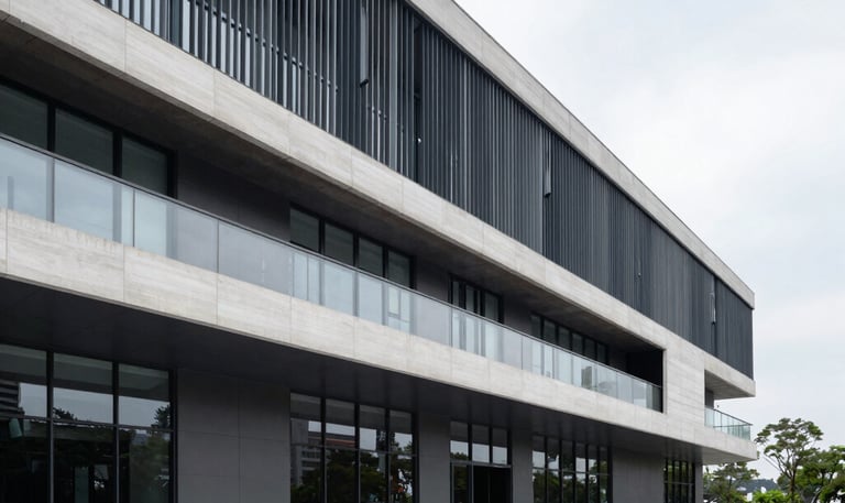 Modern minimalist residential building with clean lines and natural light.