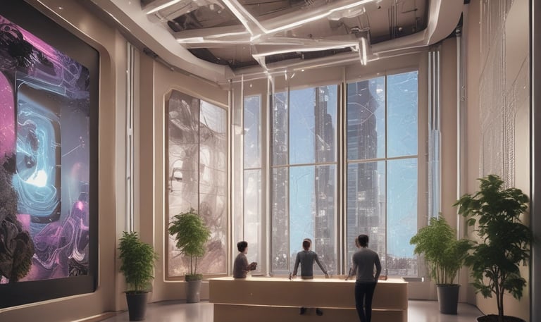 An abstract visualization of an evolving narrative path illuminated softly against a dark background.