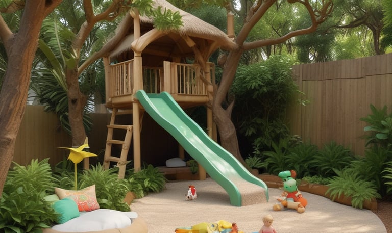 Children exploring a garden with magnifying glasses under bright sunlight.