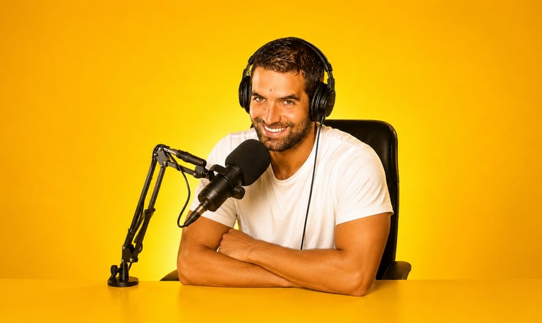 A smiling male podcast host with headphones and a professional microphone against a bright yellow background.