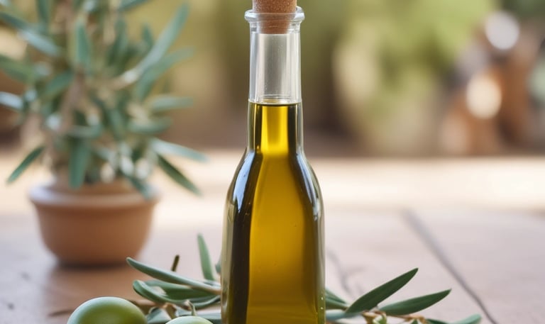 Close-up of olive oil bottle with digital blockchain data overlay.