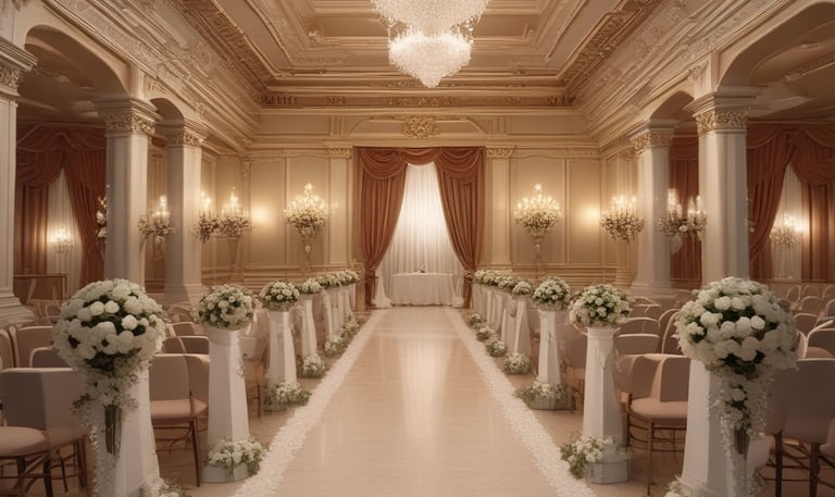 A romantic outdoor wedding setup with pastel floral decorations under soft natural light.