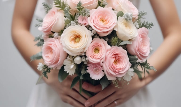 Close-up of delicate wedding rings resting on a lace fabric with soft pastel tones.