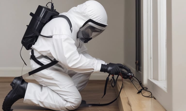 A technician carefully inspecting a cozy family home for pests.