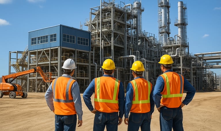 Engineers and Account Executives survey a manufacturing project.