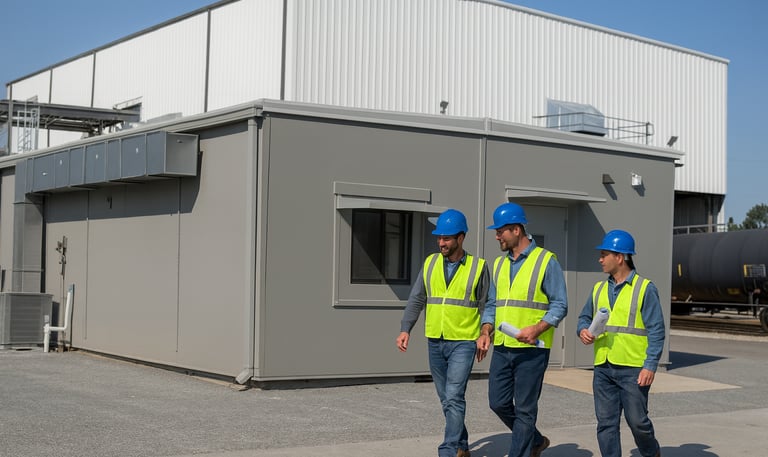 TPP employees and a Blast-Proof building in front of another PEMB building completed.