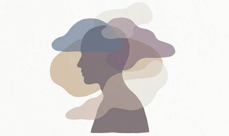 Minimal illustration of human profile with layered shapes representing mental fatigue