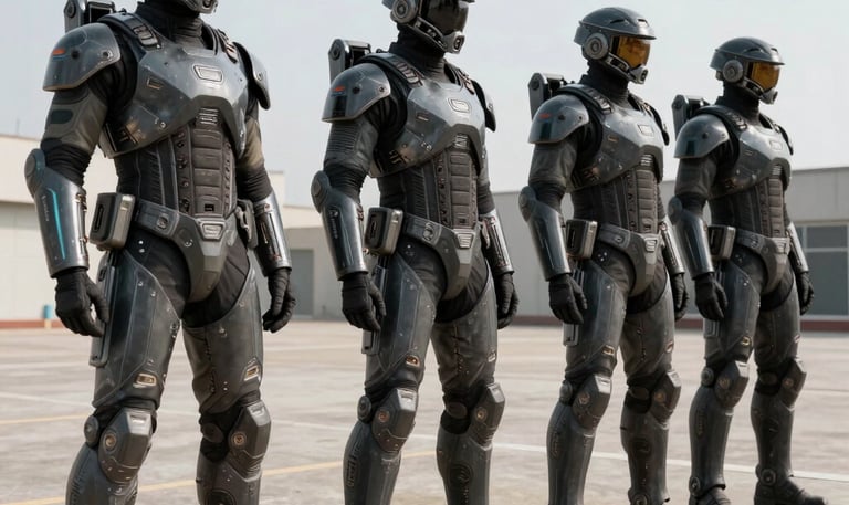 A squad of battle-worn saints in iron-grey armor breaching a neon-lit USC outpost on a barren asteroid.