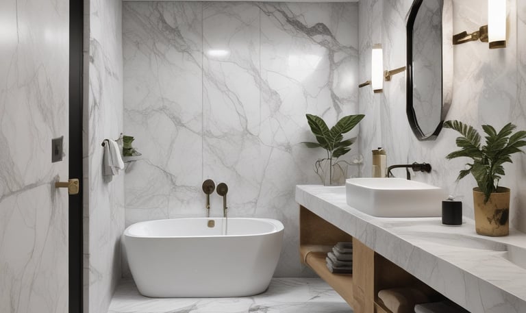 Modern kitchen featuring sleek marble countertops with subtle gray veins.