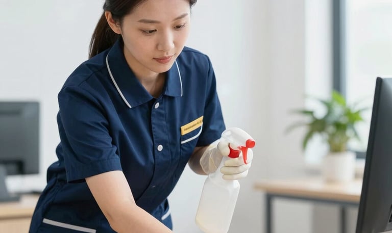 A professional female cleaner in a blue uniform sanitizing an office desk with a spray bottle and cloth.