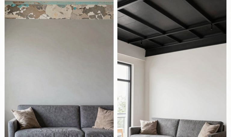 A worn-out living room wall with faded paint and scuff marks.