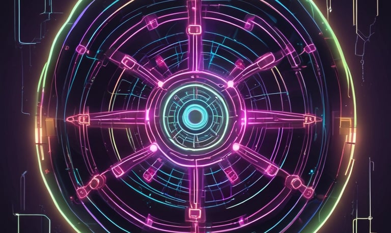 A futuristic AI avatar with animated speech bubbles glowing in neon colors on a dark background.