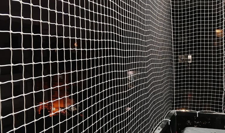 Close-up of a freshly installed pigeon net on a Powai balcony, sunlight filtering through.