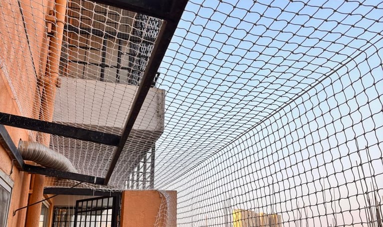 Wide shot of a Colaba apartment balcony fully covered with a neatly installed safety net.