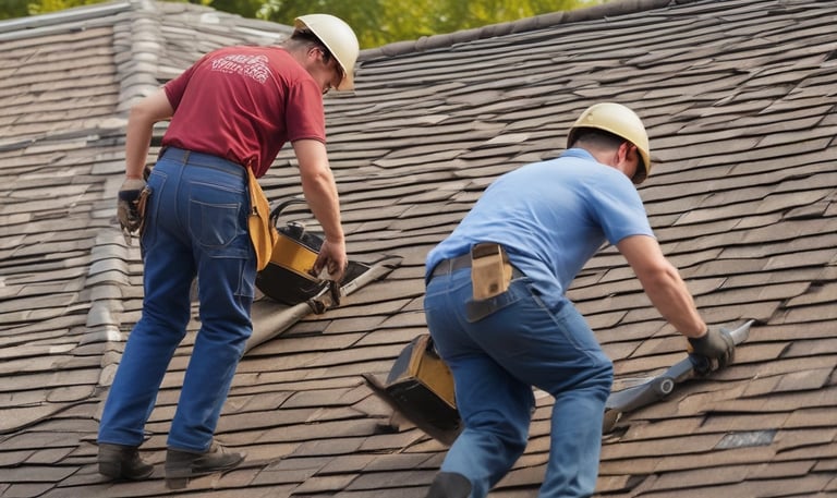 Contractor inspecting a roof damaged by heavy storm debris on a sunny day