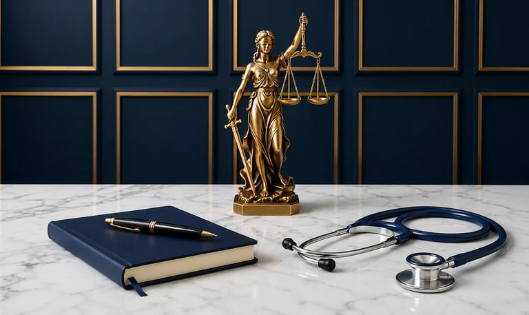 Ambiente institucional com elementos médico-jurídicos representando visão estratégica em Medicina Le