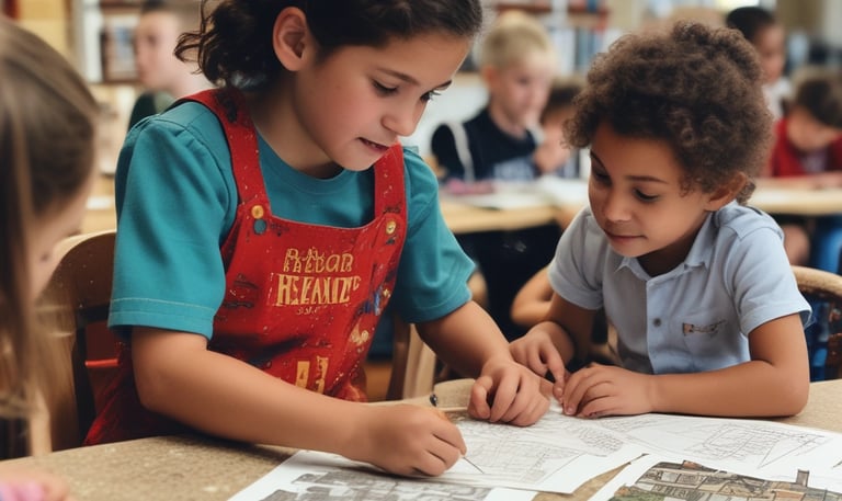 A classroom of children working together on illustrations inspired by their town’s heritage.
