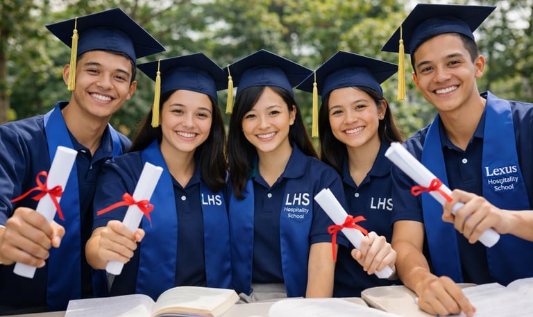 Smiling Lexus Hospitality School graduates in blue caps and gowns holding diplomas at graduation.