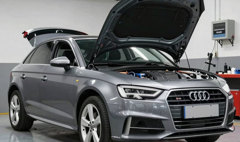 A technician using a diagnostic scanner connected to a modern vehicle dashboard.