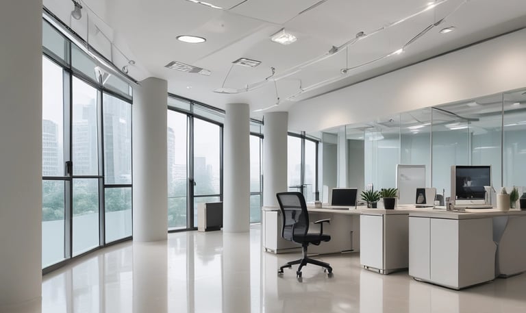 A clean, freshly reinstated office space with neutral tones and polished floors.