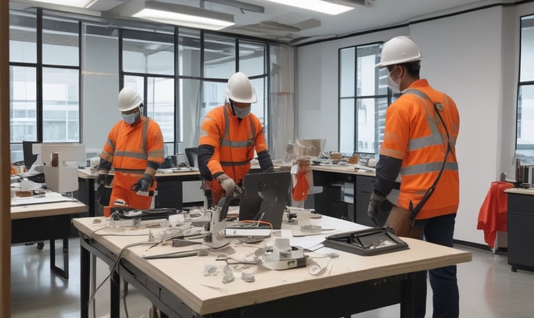 Workers in safety gear dismantling an office interior with precision and care.