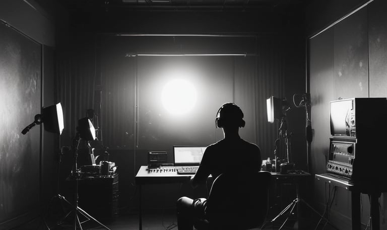 A moody recording studio scene with Vio wearing headphones, bathed in sharp white and deep blue light.