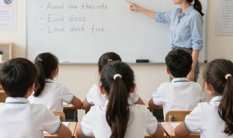 Children engaged in a hands-on math activity with colorful manipulatives in a bright classroom.