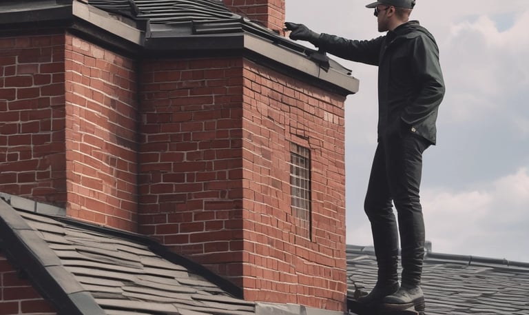 Close-up of a professional sweeping soot from inside a chimney flue.