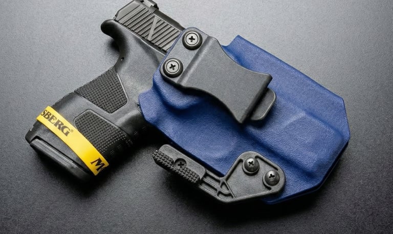 Black semi-automatic handgun secured in a blue Kydex IWB concealed carry holster with a belt clip.